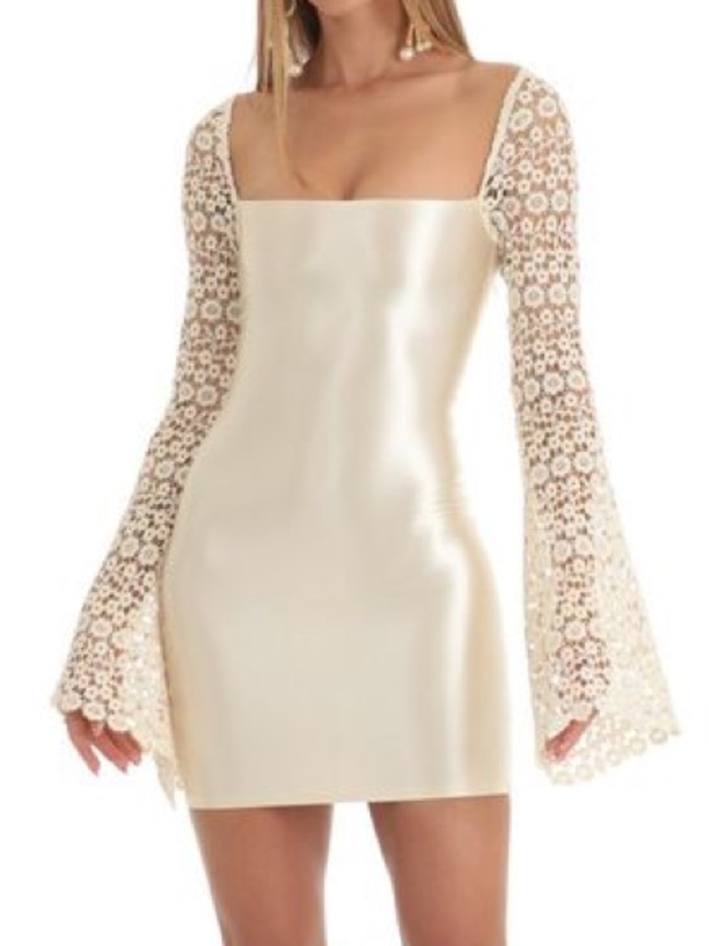 Lucy in the Sky Women’s Satin Crochet Sleeve Dress in Cream